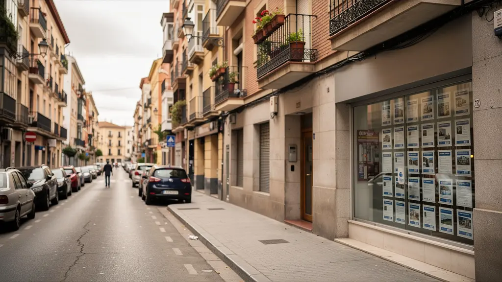 Calle residencial madrileña con escaparate de agencia inmobiliaria