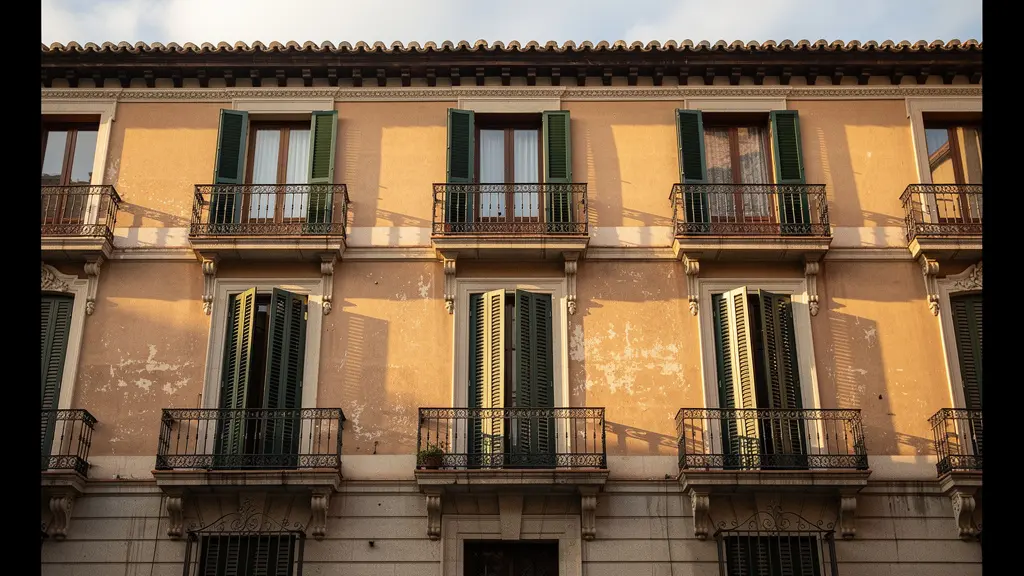 Fachada de edificio residencial madrileño con balcones típicos