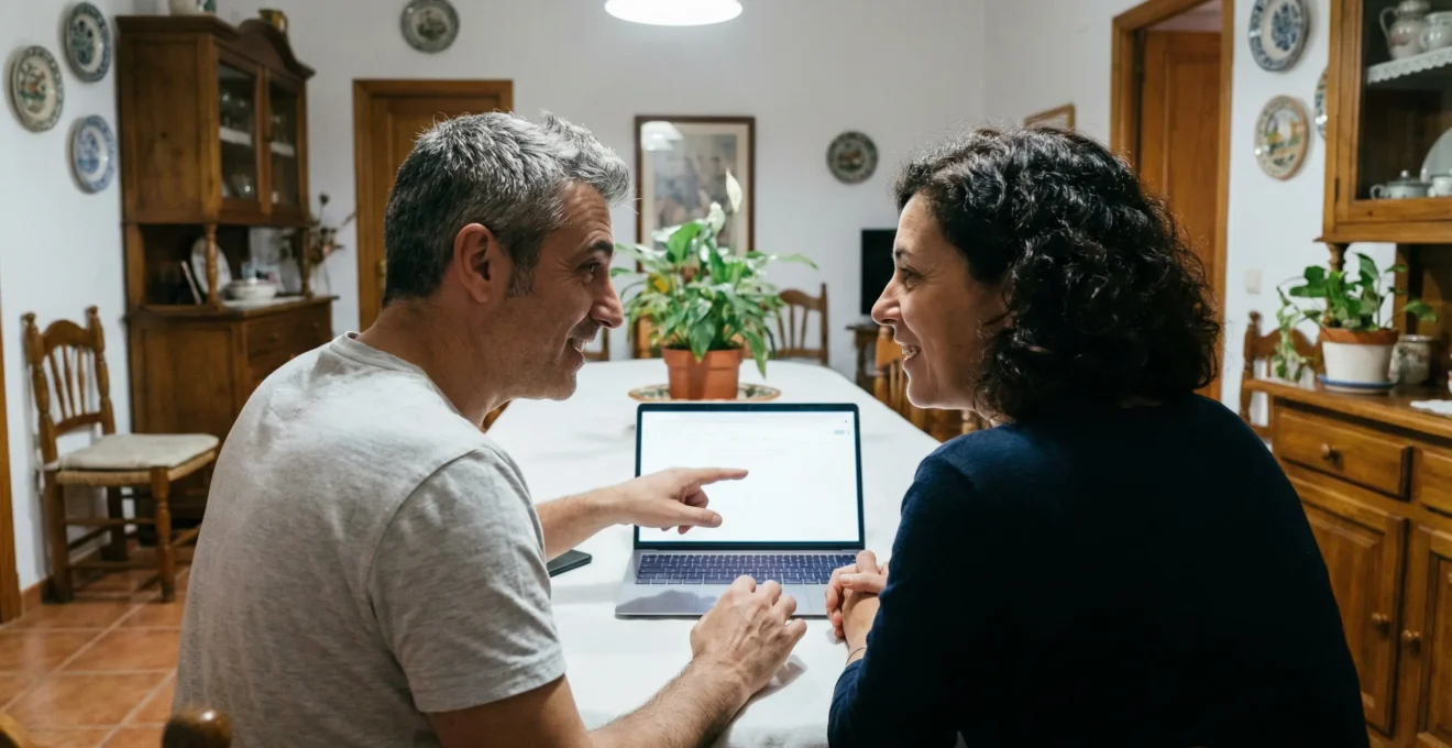 Pareja española evaluando opciones de agentes inmobiliarios en ordenador