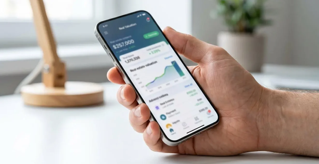 Primer plano de una mano sujetando un smartphone moderno que muestra la interfaz de una aplicación inmobiliaria con números y datos difuminados en la pantalla