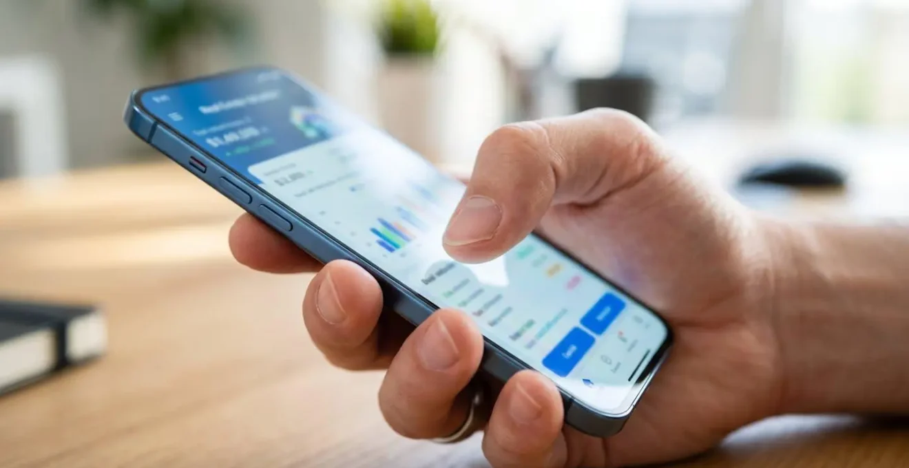 Primer plano de una mano sujetando un smartphone moderno que muestra la interfaz de una aplicación inmobiliaria con números y datos difuminados en la pantalla