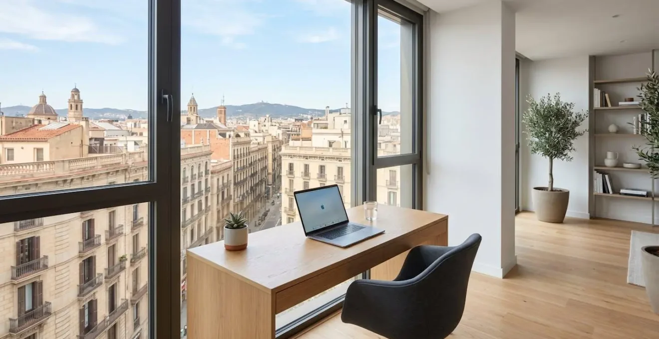 Vista de un despacho doméstico moderno y vacío con un ordenador portátil abierto sobre un escritorio limpio y una ventana amplia que muestra edificios de arquitectura española urbana