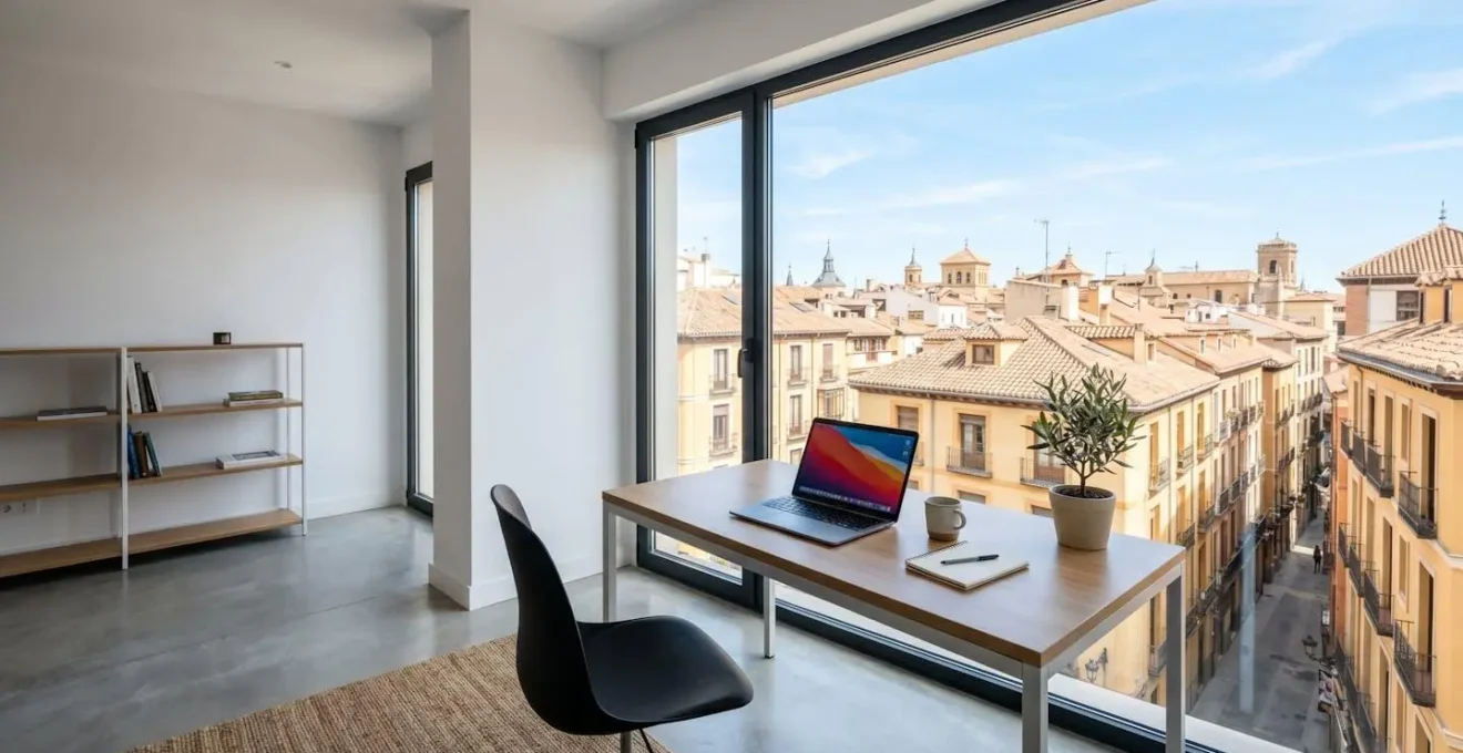 Vista de un despacho doméstico moderno y vacío con un ordenador portátil abierto sobre un escritorio limpio y una ventana amplia que muestra edificios de arquitectura española urbana