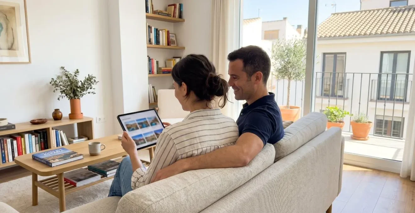 Una pareja de unos treinta años consulta información en una tableta mientras están sentados juntos en un sofá moderno de un salón luminoso