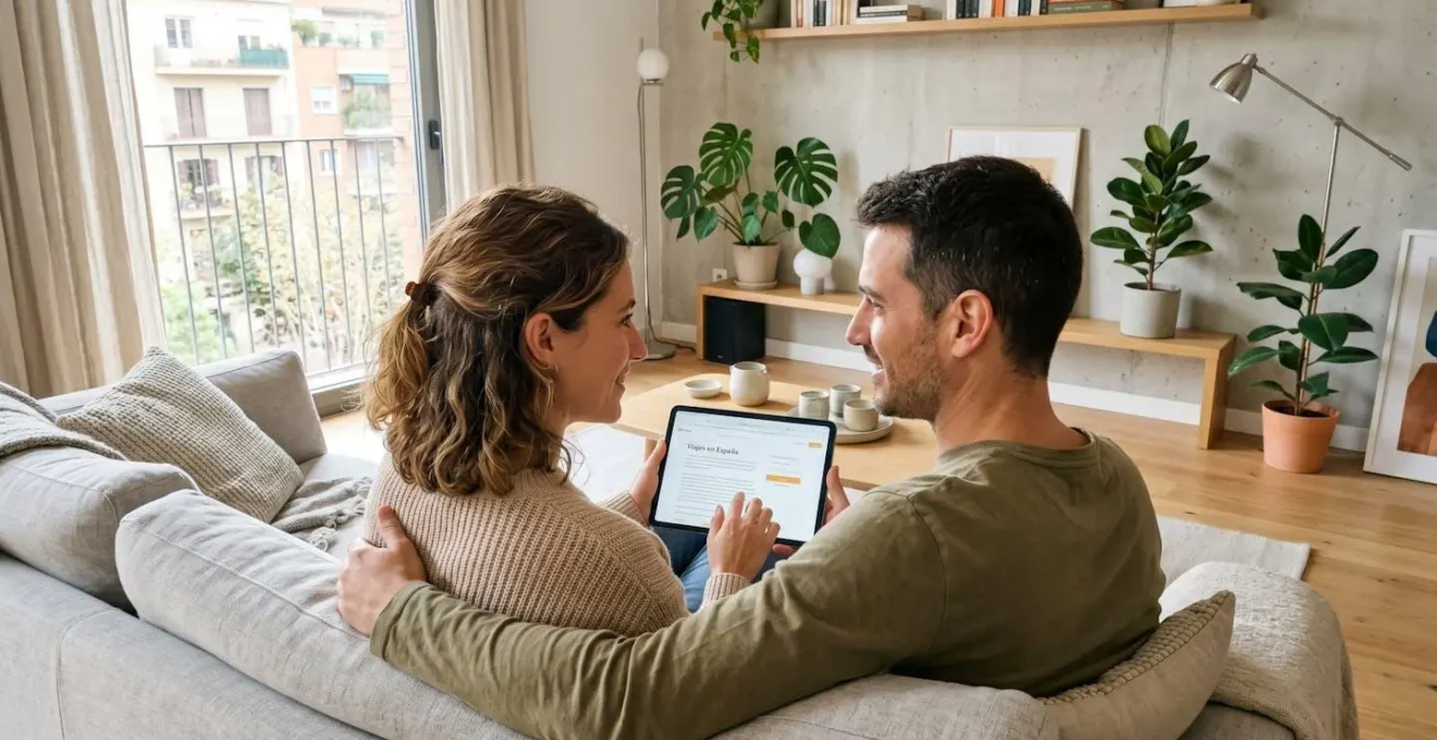 Una pareja de unos treinta años consulta información en una tableta mientras están sentados juntos en un sofá moderno de un salón luminoso