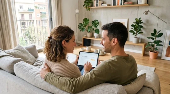 Una pareja de unos treinta años consulta información en una tableta mientras están sentados juntos en un sofá moderno de un salón luminoso