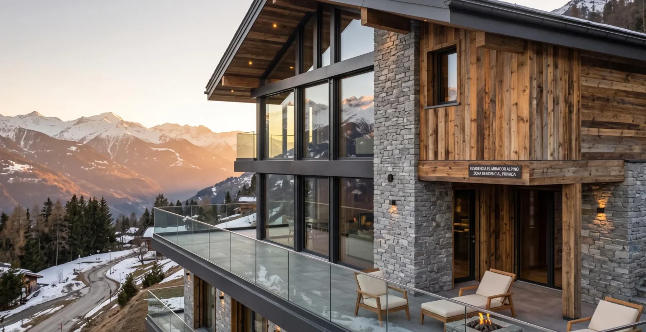 Chalet contemporáneo de lujo en estación alpina suiza con fachada de madera y piedra, grandes ventanales panorámicos y vista sobre los Alpes nevados al fondo, bajo luz dorada del atardecer