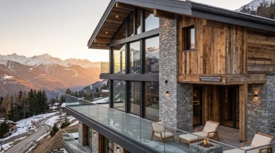 Chalet contemporáneo de lujo en estación alpina suiza con fachada de madera y piedra, grandes ventanales panorámicos y vista sobre los Alpes nevados al fondo, bajo luz dorada del atardecer