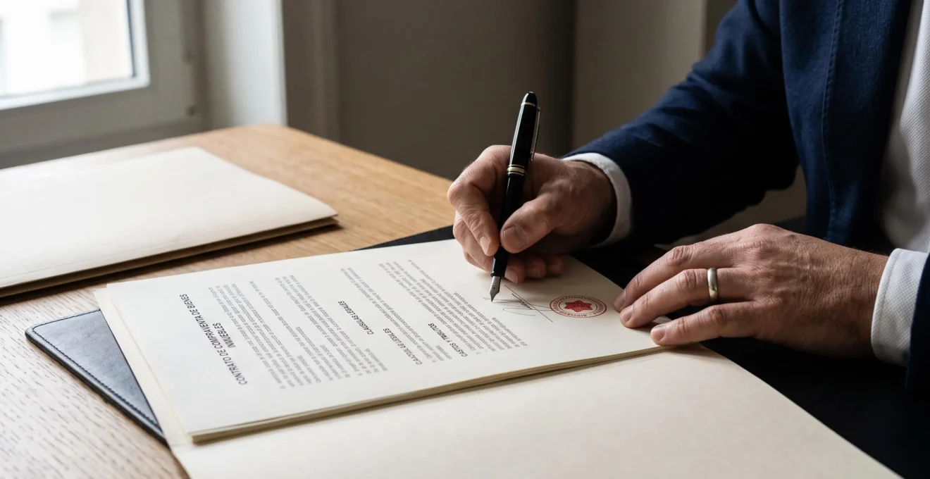 Mano firmando con pluma un contrato oficial de compraventa inmobiliaria suizo ante notario, con sellos cantonales visibles en el documento