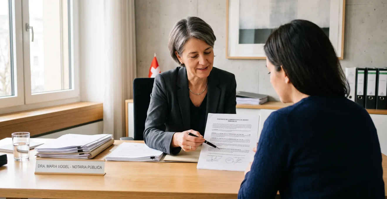 Notaria suiza certificada consultando documentos de compraventa inmobiliaria con cliente en estudio notarial contemporáneo de Ginebra, bajo luz natural